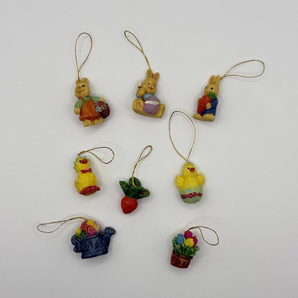 VTG Resin Easter Ornaments Lot of 8 Chick Bunny Flower Carrot Mini Hanging Decor
